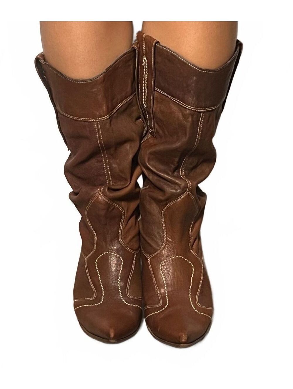 Vic Matie Italian Leather Slouch Cowboy Boots Brown Pointed Toe Y2K Size 38.5 - Picture 3 of 9
